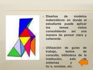    Diseños     de  modelos
    matemáticos en donde el
    estudiante puede aplicar
    los      temas     vistos
    consolidando   así    una
    manera de pensar clara y
    coherente.

   Utilización de guías      de
    trabajo,       textos     de
    consulta, biblioteca de    la
    institución,       sala   de
    sistemas           y      de
    tic´s, revistas, etc.
 