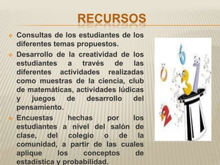 RECURSOS
   Consultas de los estudiantes de los
    diferentes temas propuestos.
   Desarrollo de la creatividad de los
    estudiantes a través de las
    diferentes actividades realizadas
    como muestras de la ciencia, club
    de matemáticas, actividades lúdicas
    y    juegos    de   desarrollo  del
    pensamiento.
   Encuestas      hechas     por   los
    estudiantes a nivel del salón de
    clase, del colegio o de la
    comunidad, a partir de las cuales
    aplique     los    conceptos     de
    estadística y probabilidad.
 