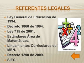 REFERENTES LEGALES
 Ley General de Educación de
  1994.
 Decreto 1860 de 1994.

 Ley 715 de 2001.

 Estándares Área de
  Matemáticas.
 Lineamientos Curriculares del
  MEN.
 Decreto 1290 de 2009.

 SIEC.
 