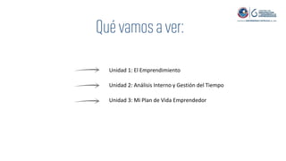 Unidad 1: El Emprendimiento
Unidad 2: Análisis Interno y Gestión del Tiempo
Unidad 3: Mi Plan de Vida Emprendedor
 