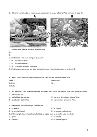 2
3. Observa com atenção as imagens que representam a savana africana (A) e um recife de coral (B).
3.1. Identifica os tipos de ambiente representados:
A -
B -
3.2. Indica dois seres vivos da figura que vivem...
3.2.1. no meio aquático:
3.2.2. no meio terrestre:
3.2.3. nos meios aquático e terrestre:
3.3. Indica os componentes não vivos que existem quer no ambiente A quer no ambiente B.
4. Indica qual é o habitat mais característico de cada um dos seguintes seres vivos:
Javali -
Sobreiro -
Golfinho -
Urso polar -
Rã –
5. Na resposta a cada uma das questões, assinala a única opção que permite obter uma afirmação correta.
5.1. Os biomas são …
A - os habitats dos animais.
B - subdivisões da biosfera.
C - conjunto de rochas e solo da Terra.
D - os animais e plantas da Terra.
5.2. Um habitat típico de Portugal continental é…
A - o deserto.
B - a floresta tropical.
C - a savana.
D - o bosque mediterrânico.
5.3. Um exemplo de um habitat característico da região onde se encontra a tua escola é...
A - praia
B - deserto
C - a floresta
D - a floresta tropical
 