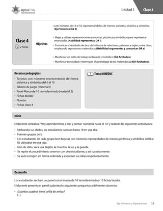 33Eje Números y Operaciones
Unidad 1 Clase 4
El docente verbaliza:“Hoy aprenderemos a leer y contar números hasta el 10”y realizan las siguientes actividades:
•	 Utilizando sus dedos, los estudiantes cuentan hasta 10 en voz alta.
•	 Forman grupos de 5.
•	 Los estudiantes de cada grupo leen tarjetas con números representados de manera pictórica y simbólica del 0 al
10, ubicados en una caja.
•	 Uno de ellos, saca una tarjeta, la muestra, la lee y la guarda.
•	 Se repite el procedimiento anterior con otro estudiante, y así sucesivamente.
•	 Se auto corrigen en forma ordenada y expresan sus ideas respetuosamente.
Los estudiantes reciben un panel con el marco de 10 termolaminado y 10 fichas bicolor.
El docente presenta el panel y plantea las siguientes preguntas a diferentes alumnos:
•	 ¿Cuántos cuadros tiene la fila de arriba?
R: 5.
Inicio
Recursos pedagógicos
•	 Tarjetas con números representados de forma
pictórica y simbólica del 0 al 10
•	 Tablero de juego (material1)
•	 Panel Marco de 10 termolaminado (material 2)
•	 Fichas bicolor
•	 Plumón
•	 Fichas clase 4
Texto MINEDUC
Clase 4
2 horas‹
Objetivos
•	Leer números del 0 al 10, representándolos, de manera concreta, pictórica y simbólica.
(Eje Temático OA 3)
•	 Elegir y utilizar representaciones concretas, pictóricas y simbólicas para representar
enunciados.(Habilidad representar, OA i)
•	 Comunicar el resultado de descubrimientos de relaciones, patrones y reglas, entre otros,
empleando expresiones matemáticas.(Habilidad argumentar y comunicar OA e)
•	 Manifestar un estilo de trabajo ordenado y metódico (OA Actitudes)
•	 Manifestar curiosidad e interés por el aprendizaje de las matemáticas (OA Actitudes).
Desarrollo
 