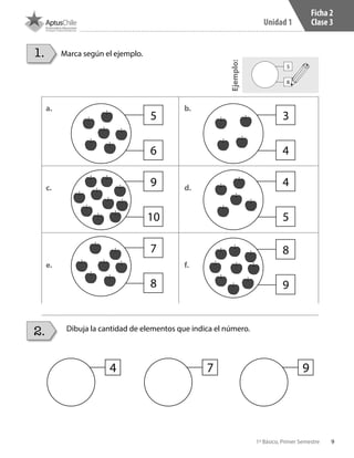 9
Unidad 1
1º Básico, Primer Semestre
Ficha 2
Clase 3
a.	 b.	
c.	 d.	
e.	 f.	
5
9
5 3
4
87
4 7 9
6
10
6 4
5
98
Ejemplo:
Marca según el ejemplo.
Dibuja la cantidad de elementos que indica el número.
1.
2.
 