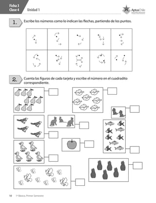 10 1º Básico, Primer Semestre
Unidad 1
Ficha 3
Clase 4
Escribe los números como lo indican las flechas, partiendo de los puntos.
Cuenta las figuras de cada tarjeta y escribe el número en el cuadradito
correspondiente.
1.
2.
 