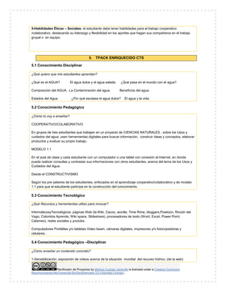 Planificador de Proyectos by Maritza Cuartas Jaramillo is licensed under a Creative Commons
Reconocimiento-NoComercial-SinObraDerivada 3.0 Unported License..
5-Habilidades Éticas – Sociales: el estudiante debe tener habilidades para el trabajo cooperativo
/colaborativo, destacando su liderazgo y flexibilidad en los aportes que hagan sus compañeros en el trabajo
grupal o en equipo.
5. TPACK ENRIQUECIDO CTS
5.1 Conocimiento Disciplinar
¿Qué quiero que mis estudiantes aprendan?
¿Qué es el AGUA? El agua dulce y el agua salada. ¿Qué pasa en el mundo con el agua?
Composición del AGUA. La Contaminación del agua. Beneficios del agua.
Estados del Agua. ¿Por qué escasea el agua dulce? El agua y la vida.
5.2 Conocimiento Pedagógico
¿Cómo lo voy a enseñar?
COOPERATIVO/COLABORATIVO
En grupos de tres estudiantes que trabajan en un proyecto de CIENCIAS NATURALES , sobre los Usos y
cuidados del agua; usan herramientas digitales para buscar información, construir ideas y conceptos, elaborar
productos y evaluar su propio trabajo.
MODELO 1:1
En el aula de clase y cada estudiante con un computador o una tablet con conexión al Internet, en donde
pueda realizar consultas y contrastar sus informaciones con otros estudiantes, acerca del tema de los Usos y
Cuidados del Agua.
Desde el CONSTRUCTIVISMO
Según los pre saberes de los estudiantes, enfocados en el aprendizaje cooperativo/colaborativo y de modelo
1:1 para que el estudiante participe en la construcción del conocimiento.
5.3 Conocimiento Tecnológico
¿Qué Recursos y herramientas utilizo para innovar?
InformáticosyTecnológicos: páginas Web (la Wiki, Cacoo, wordle, Time Rime, bloggers,Powtoon, Rincón del
Vago, Colombia Aprende, Wiki space, Slideshare), procesadores de texto (Word, Excel, Power Point,
Calameo), redes sociales y youtube.
Computadores Portátiles y/o tabletas Video beam, cámaras digitales, impresoras y/o fotocopiadoras y
celulares .
5.4 Conocimiento Pedagógico –Disciplinar
¿Cómo enseñar un contenido concreto?
1-Sensibilización: exposición de videos acerca de la situación mundial del recurso hídrico. (de la web)
 