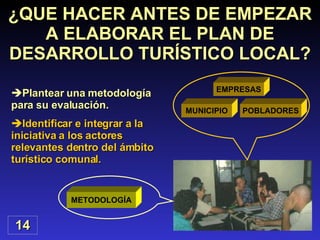 Plantear una metodología para su evaluación. Identificar e integrar a la iniciativa a los actores relevantes dentro del ámbito turístico comunal. ¿QUE HACER ANTES DE EMPEZAR A ELABORAR EL PLAN DE DESARROLLO TURÍSTICO LOCAL? 14 MUNICIPIO METODOLOGÍA EMPRESAS POBLADORES 