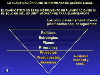 Políticas Estrategias Planes Programas Proyectos Presupuestos Acciones Realidad espacial y social 4 LA PLANIFICACIÓN COMO HERRAMIENTA DE GESTIÓN LOCAL EL DIAGNÓSTICO NO ES UN INSTRUMENTO DE PLANIFICACIÓN EN SI, ES SOLO UN INSUMO (MUY IMPORTANTE) PARA ELABORARLOS  Los principales instrumentos de planificación son los siguientes: 