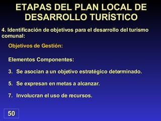 Elementos Componentes: Se asocian a un objetivo estratégico determinado. Se expresan en metas a alcanzar. Involucran el uso de recursos. 50 ETAPAS DEL PLAN LOCAL DE DESARROLLO TURÍSTICO 4. Identificación de objetivos para el desarrollo del turismo comunal: Objetivos de Gestión: 
