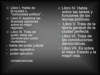   Libro I. Habla de          Libro IV. Habla
   la ciudad o                 sobre las tareas y
   "comunidad política" .      funciones de las
 Libro II. examina las        teorías políticas.
   diversas opiniones
   sobre el mejor             Libro V. Trata de la
   régimen.                    teoría general de la
 Libro III. Trata de          ciudad perfecta.
   quién debe ser             Libro VI. Trata de
   considerado como
   ciudadano.                  las constituciones
 habla del poder judicial
                               democráticas .
 poder legislativo           Libro VII. Es sobre
 poder ejecutivo
                               el mejor Estado y la
                               mejor vida.
    consecuencias
 