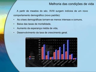 Melhoria das condições de vida
A partir de meados do séc. XVIII surgem indícios de um novo
comportamento demográfico (novo padrão):
• As crises demográficas tornam-se menos intensas e comuns,
• Baixa das taxas de mortalidade,
• Aumento da esperança média de vida,
• Desenvolvimento da taxa de crescimento geral.
 