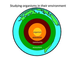 Studying organisms in their environment biosphere ecosystem community population organism 