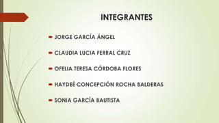 INTEGRANTES

 JORGE GARCÍA ÁNGEL

 CLAUDIA LUCIA FERRAL CRUZ

 OFELIA TERESA CÓRDOBA FLORES

 HAYDEÉ CONCEPCIÓN ROCHA BALDERAS

 SONIA GARCÍA BAUTISTA
 