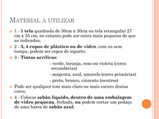 MATERIAL A UTILIZAR
 1 - 1 tela quadrada de 30cm x 30cm ou tela retangular 27
cm x 35 cm, no entanto pode ser outra mais pequena do que
as indicadas;
 2 - 3, 4 copos de plástico ou de vidro, com ou sem
tampa, podem ser copos de iogurte;
 3 - Tintas acrílicas:
- verde, laranja, roxo ou violeta (cores
secundárias)
- magenta, azul, amarelo (cores primárias)
- preto, branco, cinzento (neutros)
 Pode ser qualquer tom mais claro ou mais escuro destas
cores;
 4 - Colocar sabão líquido, dentro de uma embalagem
de vidro pequena, fechada, ou podem cortar um pedaço
de uma barra de sabão azul;
 