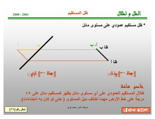 ‫ﺔ‬‫ﺧ‬‫ﺳ‬‫ﻧ‬:‫ﻓرﯾد‬ ‫ﻣﺣﻣد‬ ‫ﺗﺎﻣر‬
‫ل‬‫ﻼ‬‫ﻈ‬‫ﻟ‬‫و‬‫ﻞ‬‫ﻈ‬‫ﻟ‬‫ا‬2000 - 2001
*‫ﻣﺎﺋل‬ ‫ﻣﺳﺗوى‬ ‫ﻋﻠﻰ‬ ‫ﻋﻣودي‬ ‫ﻣﺳﺗﻔﯾم‬ ‫ظل‬
‫اﻟﻣﺳﺗﻘﯾم‬ ‫ظل‬
‫أ‬ ‫ب‬
‫أ‬ ‫ظﺎ‬
‫ب‬ ‫ظﺎ‬
‫ﺔ‬‫ﻣ‬‫ﺎ‬‫ﻫ‬‫ﻴ‬‫ﺻ‬‫ﺎ‬‫ﺧ‬:
‫ﻋﻠﻰ‬ ‫ﻣﺎﺋل‬ ‫ﻛﻣﺳﺗﻘﯾم‬ ‫ﯾظﮭر‬ ‫ﻣﺎﺋل‬ ‫ﻣﺳﺗوى‬ ‫أي‬ ‫ﻋﻠﻰ‬ ‫اﻟﻌﻣودي‬ ‫اﻟﻣﺳﺗﻘﯾم‬ ‫ظﻼل‬٤٥
‫اﻟﻣﺳﺗوى‬ ‫ﻣﯾل‬ ‫اﺧﺗﻠف‬ ‫ﻣﮭﻣﺎ‬ ‫اﻷرض‬ ‫ﺧط‬ ‫ﻋﻠﻰ‬ ‫درﺟﺔ‬)‫اﻧﺣﻧﺎءات‬ ‫ﺑﮫ‬ ‫ﻛﺎن‬ ‫ﻟو‬ ‫ﺣﺗﻰ‬.(
‫ب‬ ،‫أ‬
□╔♪╒╝♂║″ ′ ╘╩♥♂║ □╩└╦♂║″ ′ ╘╩♥♂║
‫رﻗم‬ ‫ﺷﻛل‬)٢٧( ╖▐′ ◘╠♥◙′ ☻╠♂║▒▪♥╝
 