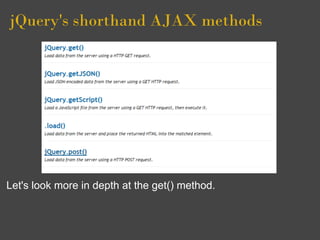 jQuery's shorthand AJAX methods
Let's look more in depth at the get() method.
 