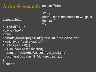 A simple example
mypage.html
<h1>Stuff</h1>
<div id="box">
</div>
<a href='javascript:getStuff();'>Get stuff via AJAX.</a>
<script type='text/javascript'>
function getStuff() {
// Pseudocode for simplicity
request = makeHttpRequest("get_stuff.php");
document.box.innerHTML = request.text;
}
</script>
get_stuff.php
<?php
echo "This is the stuff that will go in
the box.";
?>
 
