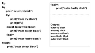 Eg:
try:
print("outer try block")
try:
print("Inner try block")
print(10/0)
except ZeroDivisionError:
print("Inner except block")
finally:
print("Inner finally block")
except:
print("outer except block")
finally:
print("outer finally block")
---------------------------------------------
Output:
outer try block
Inner try block
Inner except block
Inner finally block
outer finally block
 