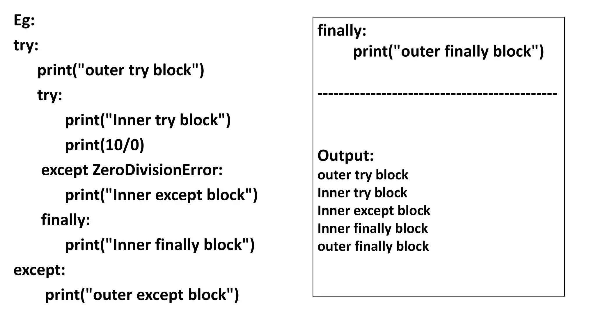 Eg:
try:
print("outer try block")
try:
print("Inner try block")
print(10/0)
except ZeroDivisionError:
print("Inner except block")
finally:
print("Inner finally block")
except:
print("outer except block")
finally:
print("outer finally block")
---------------------------------------------
Output:
outer try block
Inner try block
Inner except block
Inner finally block
outer finally block
 