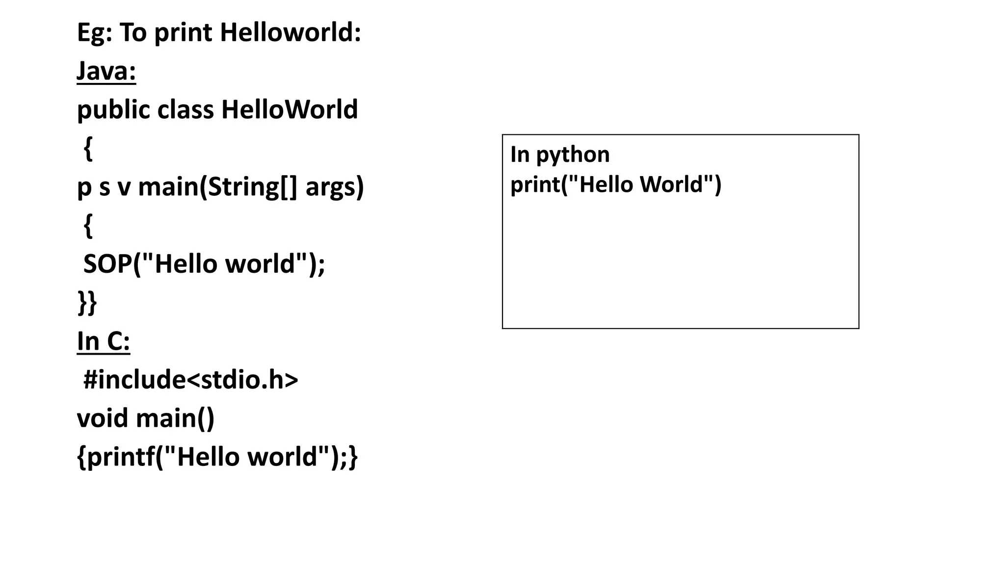Eg: To print Helloworld:
Java:
public class HelloWorld
{
p s v main(String[] args)
{
SOP("Hello world");
}}
In C:
#include<stdio.h>
void main()
{printf("Hello world");}
In python
print("Hello World")
 