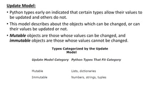 Update Model:
• Python types early on indicated that certain types allow their values to
be updated and others do not.
• This model describes about the objects which can be changed, or can
their values be updated or not.
• Mutable objects are those whose values can be changed, and
immutable objects are those whose values cannot be changed.
 
