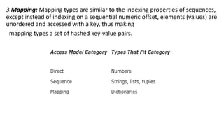 3.Mapping: Mapping types are similar to the indexing properties of sequences,
except instead of indexing on a sequential numeric offset, elements (values) are
unordered and accessed with a key, thus making
mapping types a set of hashed key-value pairs.
 