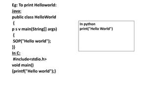 Eg: To print Helloworld:
Java:
public class HelloWorld
{
p s v main(String[] args)
{
SOP("Hello world");
}}
In C:
#include<stdio.h>
void main()
{printf("Hello world");}
In python
print("Hello World")
 