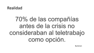 Realidad
70% de las compañías
antes de la crisis no
consideraban al teletrabajo
como opción.
Bumeran
 