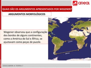 DESCOBRIR A TERRA 7
Wegener observou que a configuração
dos bordos de alguns continentes,
como a América do Sul e África, se
ajustavam como peças de puzzle.
QUAIS SÃO OS ARGUMENTOS APRESENTADOS POR WEGENER?
ARGUMENTOS MORFOLÓGICOS
 