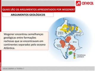 DESCOBRIR A TERRA 7
Wegener encontrou semelhanças
geológicas entre formações
rochosas que se encontravam em
continentes separados pelo oceano
Atlântico.
QUAIS SÃO OS ARGUMENTOS APRESENTADOS POR WEGENER?
ARGUMENTOS GEOLÓGICOS
 