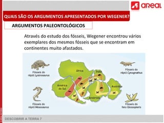 DESCOBRIR A TERRA 7
Através do estudo dos fósseis, Wegener encontrou vários
exemplares dos mesmos fósseis que se encontram em
continentes muito afastados.
QUAIS SÃO OS ARGUMENTOS APRESENTADOS POR WEGENER?
ARGUMENTOS PALEONTOLÓGICOS
 