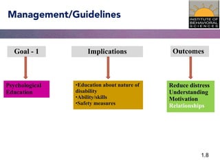 1.8
Management/Guidelines
•Education about nature of
disability
•Ability/skills
•Safety measures
Psychological
Education
Goal - 1
Reduce distress
Understanding
Motivation
Relationships
Implications Outcomes
 