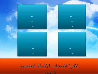المتفرديرى أن ...التحليلي – مترددالتعبيري – فوضويالودي - مخلصالتحليلييرى أن ...المتفرد – متهورالتعبيري – فوضويالودي - مخلصالتعبيرييرى أن ...المتفرد – متكبرالتحليلي – خبيرالودي - ضعيفالودييرى أن ...المتفرد – قائدالتحليلي – غير وفيالتعبيري –كثير الكلامنظرة أصحاب الأنماط لبعضهم البعض