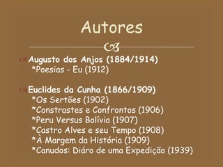 Augusto dos Anjos (1884/1914) *Poesias - Eu (1912) Euclides da Cunha (1866/1909) *Os Sertões (1902) *Constrastes e Confrontos (1906) *Peru Versus Bolívia (1907) *Castro Alves e seu Tempo (1908) *À Margem da História (1909) *Canudos: Diáro de uma Expedição (1939) Autores 