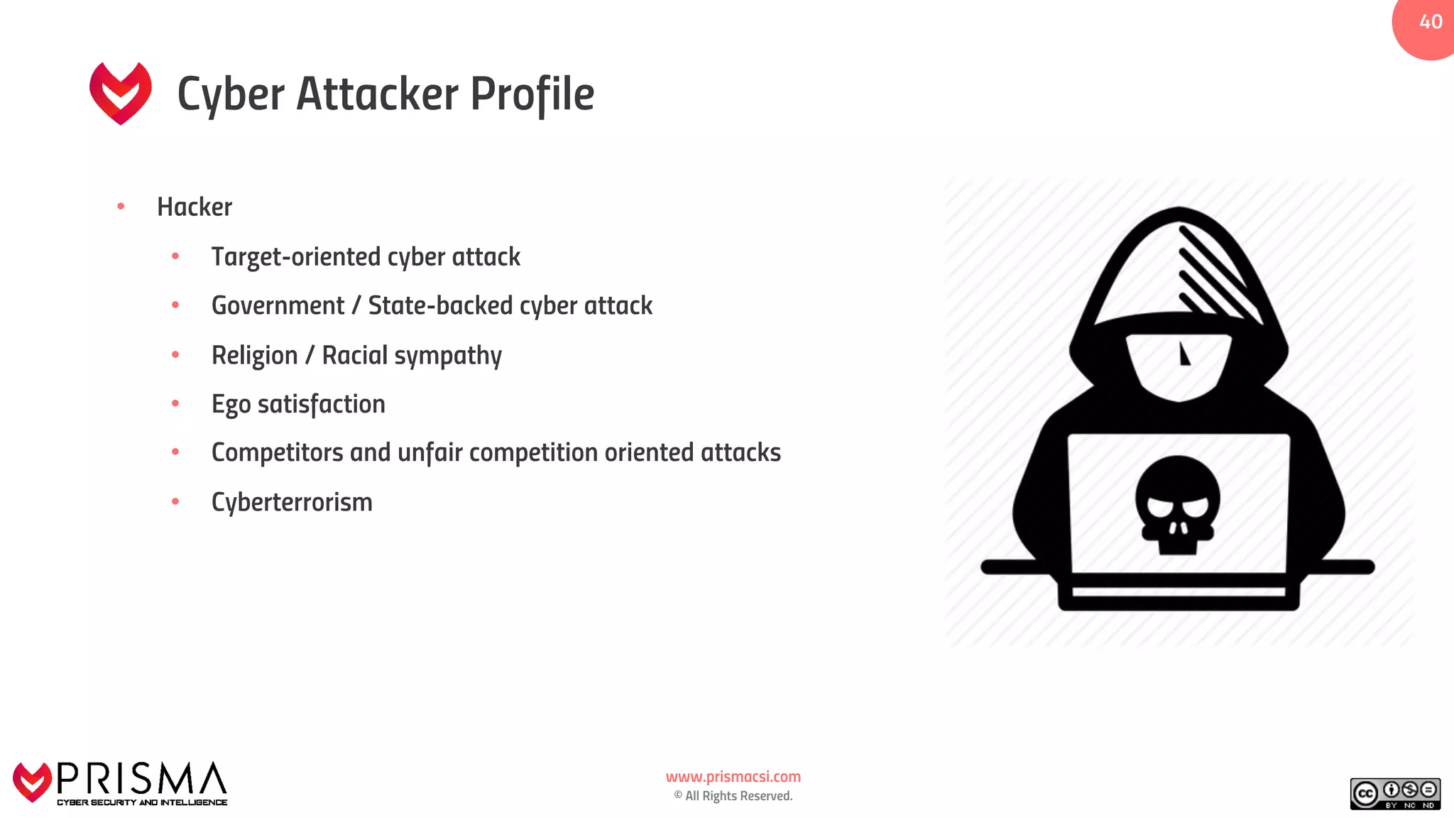www.prismacsi.com
© All Rights Reserved.
4040
Cyber Attacker Profile
• Hacker
• Target-oriented cyber attack
• Government / State-backed cyber attack
• Religion / Racial sympathy
• Ego satisfaction
• Competitors and unfair competition oriented attacks
• Cyberterrorism
 