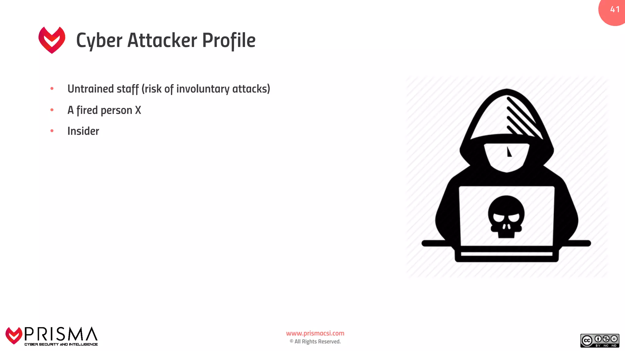 www.prismacsi.com
© All Rights Reserved.
4141
Cyber Attacker Profile
• Untrained staff (risk of involuntary attacks)
• A fired person X
• Insider
 