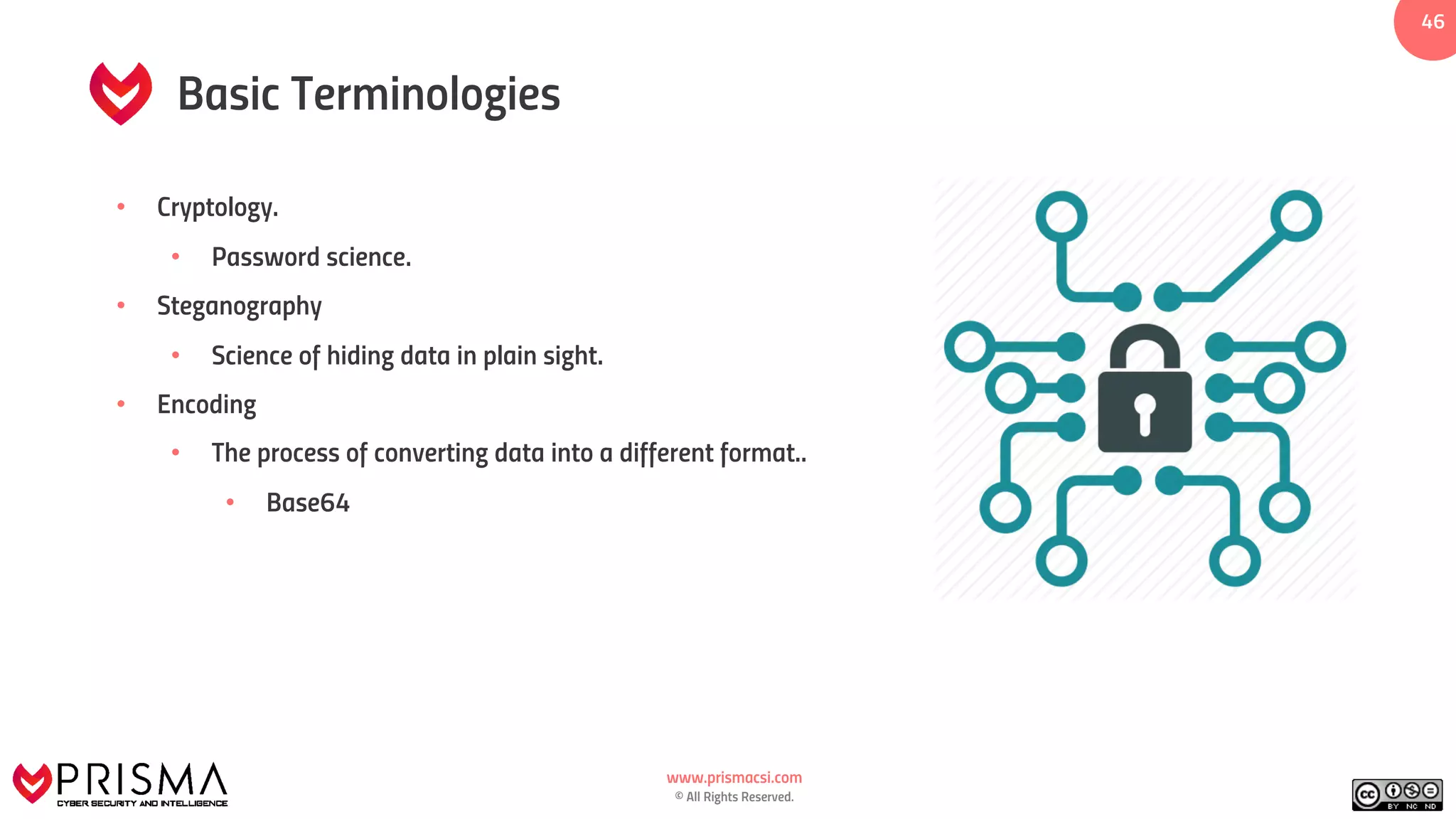 www.prismacsi.com
© All Rights Reserved.
4646
Basic Terminologies
• Cryptology.
• Password science.
• Steganography
• Science of hiding data in plain sight.
• Encoding
• The process of converting data into a different format..
• Base64
 