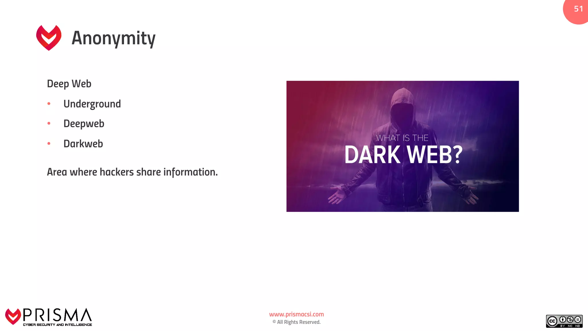 www.prismacsi.com
© All Rights Reserved.
5151
Anonymity
Deep Web
• Underground
• Deepweb
• Darkweb
Area where hackers share information.
 