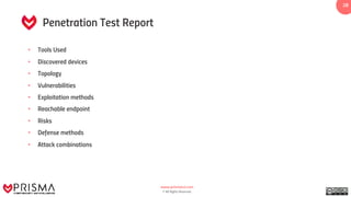 www.prismacsi.com
© All Rights Reserved.
2828
Penetration Test Report
• Tools Used
• Discovered devices
• Topology
• Vulnerabilities
• Exploitation methods
• Reachable endpoint
• Risks
• Defense methods
• Attack combinations
 