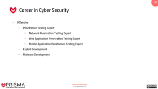 www.prismacsi.com
© All Rights Reserved.
2929
Career in Cyber Security
• Offensive
• Penetration Testing Expert
• Network Penetration Testing Expert
• Web Application Penetration Testing Expert
• Mobile Application Penetration Testing Expert
• Exploit Development
• Malware Development
 