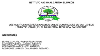 INSTITUTO NACIONAL CANTÓN EL PACÚN
LOS HUERTOS ORGANICOS CASEROS EN LAS COMUNIDADES DE SAN CARLOS
LEMPA Y EL COYOL, EN EL BAJO LEMPA, TECOLUCA, SAN VICENTE.
INTEGRANTES
BENITEZ ZARATE, WILBER ALEXANDER
CASTILLO PLEITES, JAISSON ALBERTO
MOLINA HERNANDEZ, JOEL ANTONIO
RODRIGUEZ JURADO, CLAUDIA DEL ROSARIO
 