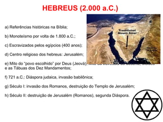 HEBREUS (2.000 a.C.) a) Referências históricas na Bíblia; b) Monoteísmo por volta de 1.800 a.C.; c) Escravizados pelos egípcios (400 anos); d) Centro religioso dos hebreus: Jerusalém; e) Mito do “povo escolhido” por Deus (Jeová); Mito da travessia do deserto, Moisés e as Tábuas dos Dez Mandamentos; f) 721 a.C.: Diáspora judaica, invasão babilônica; g) Século I: invasão dos Romanos, destruição do Templo de Jerusalém; h) Século II: destruição de Jerusalém (Romanos), segunda Diáspora. 