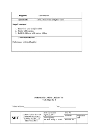 SET
COMPETENCY BASED
LEARNING MATERIAL
-FOOD &BEVERAGE
SERVICES NC II
Date Developed:
April 23, 2016
Doc. No.
Issued by: Page 39 of
118
Developed by:
Mr. Kim Astley M. Norte Revision No.
Supplies : Table napkins
Equipment : Tables, china wares and glass wares
Steps/Procedure:
1. Proceed to your assigned table
2. Gather table napkins
3. Fold 10 different table napkin folding
Assessment Method:
Performance Criteria Checklist
Performance Criteria Checklist for
Task Sheet 1.2-1
Trainee’s Name Date
 