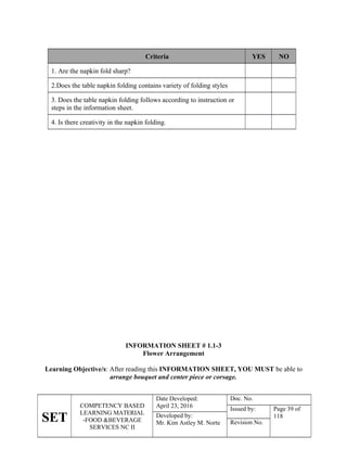 SET
COMPETENCY BASED
LEARNING MATERIAL
-FOOD &BEVERAGE
SERVICES NC II
Date Developed:
April 23, 2016
Doc. No.
Issued by: Page 39 of
118
Developed by:
Mr. Kim Astley M. Norte Revision No.
Criteria YES NO
1. Are the napkin fold sharp?
2.Does the table napkin folding contains variety of folding styles
3. Does the table napkin folding follows according to instruction or
steps in the information sheet.
4. Is there creativity in the napkin folding.
INFORMATION SHEET # 1.1-3
Flower Arrangement
Learning Objective/s: After reading this INFORMATION SHEET, YOU MUST be able to
arrange bouquet and center piece or corsage.
 
