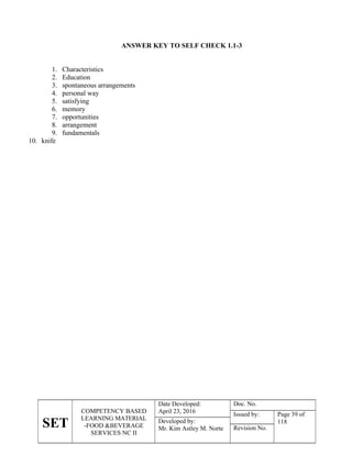 SET
COMPETENCY BASED
LEARNING MATERIAL
-FOOD &BEVERAGE
SERVICES NC II
Date Developed:
April 23, 2016
Doc. No.
Issued by: Page 39 of
118
Developed by:
Mr. Kim Astley M. Norte Revision No.
ANSWER KEY TO SELF CHECK 1.1-3
1. Characteristics
2. Education
3. spontaneous arrangements
4. personal way
5. satisfying
6. memory
7. opportunities
8. arrangement
9. fundamentals
10. knife
 