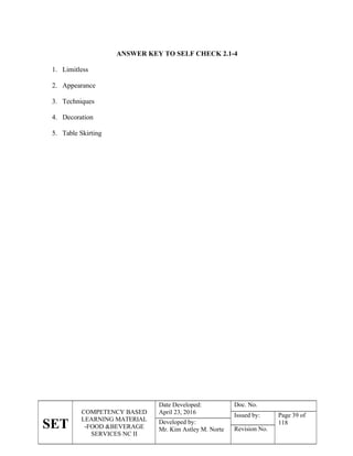 SET
COMPETENCY BASED
LEARNING MATERIAL
-FOOD &BEVERAGE
SERVICES NC II
Date Developed:
April 23, 2016
Doc. No.
Issued by: Page 39 of
118
Developed by:
Mr. Kim Astley M. Norte Revision No.
ANSWER KEY TO SELF CHECK 2.1-4
1. Limitless
2. Appearance
3. Techniques
4. Decoration
5. Table Skirting
 