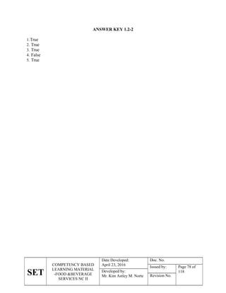 SET
COMPETENCY BASED
LEARNING MATERIAL
-FOOD &BEVERAGE
SERVICES NC II
Date Developed:
April 23, 2016
Doc. No.
Issued by: Page 78 of
118
Developed by:
Mr. Kim Astley M. Norte Revision No.
ANSWER KEY 1.2-2
1.True
2. True
3. True
4. False
5. True
 