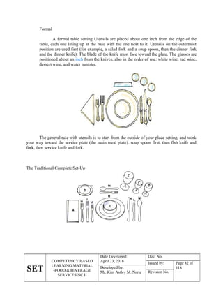SET
COMPETENCY BASED
LEARNING MATERIAL
-FOOD &BEVERAGE
SERVICES NC II
Date Developed:
April 23, 2016
Doc. No.
Issued by: Page 82 of
118
Developed by:
Mr. Kim Astley M. Norte Revision No.
Formal
A formal table setting Utensils are placed about one inch from the edge of the
table, each one lining up at the base with the one next to it. Utensils on the outermost
position are used first (for example, a salad fork and a soup spoon, then the dinner fork
and the dinner knife). The blade of the knife must face toward the plate. The glasses are
positioned about an inch from the knives, also in the order of use: white wine, red wine,
dessert wine, and water tumbler.
The general rule with utensils is to start from the outside of your place setting, and work
your way toward the service plate (the main meal plate): soup spoon first, then fish knife and
fork, then service knife and fork.
The Traditional Complete Set-Up
 