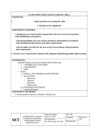 SET
COMPETENCY BASED
LEARNING MATERIAL
-FOOD &BEVERAGE
SERVICES NC II
Date Developed:
April 23, 2016
Doc. No.
Issued by: Page 91 of
118
Developed by:
Mr. Kim Astley M. Norte Revision No.
CLOSE DOWN RESTAURANT/DINING AREA
CONTENTS:
1. Safety practices in resetting the table
2. Storing service equipment
ASSESSMENT CRITERIA:
1.Equipment were stored and/or prepared for the next service in accordance
with establishment procedures
2.Restaurant/dining area was cleared, cleaned or dismantled in accordance
with establishment procedures and safety requirements
3.Re-set tables correctly for the next service in accordance with procedures
and requirements
4. Services was reviewed and evaluated with colleagues identifying possible improvements
CONDITIONS:
Students/Trainees must be provided with the following:
1. 1.WORKPLACE LOCATION
2. 2.EQUIPMENT
• Table
• Chairs
3. 3.TOOLS, ACCESSORIES AND SUPPLIES
• Service Wares
- Glassware
- Flatware
- Dishware
- Hollowware
4. 4.TRAINING MATERIALS
• Learning Packages
ASSESSMENT METHODS:
5. Demonstration, Interview, Portfolio, Written Test
 