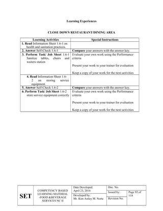 SET
COMPETENCY BASED
LEARNING MATERIAL
-FOOD &BEVERAGE
SERVICES NC II
Date Developed:
April 23, 2016
Doc. No.
Issued by: Page 92 of
118
Developed by:
Mr. Kim Astley M. Norte Revision No.
Learning Experiences
CLOSE DOWN RESTAURANT/DINING AREA
Learning Activities Special Instructions
1. Read Information Sheet 1.6-1 on
health and sanitation practices.
2. Answer Self-Check 1.6-1 Compare your answers with the answer key.
3. Perform Task/ Job Sheet 1.6-1
Sanitize tables, chairs and
waiters station
Evaluate your own work using the Performance
criteria
Present your work to your trainer for evaluation
Keep a copy of your work for the next activities
4. Read Information Sheet 1.6-
2 on storing service
equipment.
5. Answer Self-Check 1.6-2 Compare your answers with the answer key.
6. Perform Task/ Job Sheet 1.6-2
store service equipment correctly
Evaluate your own work using the Performance
criteria
Present your work to your trainer for evaluation
Keep a copy of your work for the next activities
 