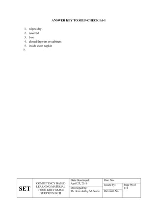 SET
COMPETENCY BASED
LEARNING MATERIAL
-FOOD &BEVERAGE
SERVICES NC II
Date Developed:
April 23, 2016
Doc. No.
Issued by: Page 96 of
118
Developed by:
Mr. Kim Astley M. Norte Revision No.
ANSWER KEY TO SELF-CHECK 1.6-1
1. wiped-dry
2. covered
3. base
4. closed drawers or cabinets
5. inside cloth napkin
7.
 